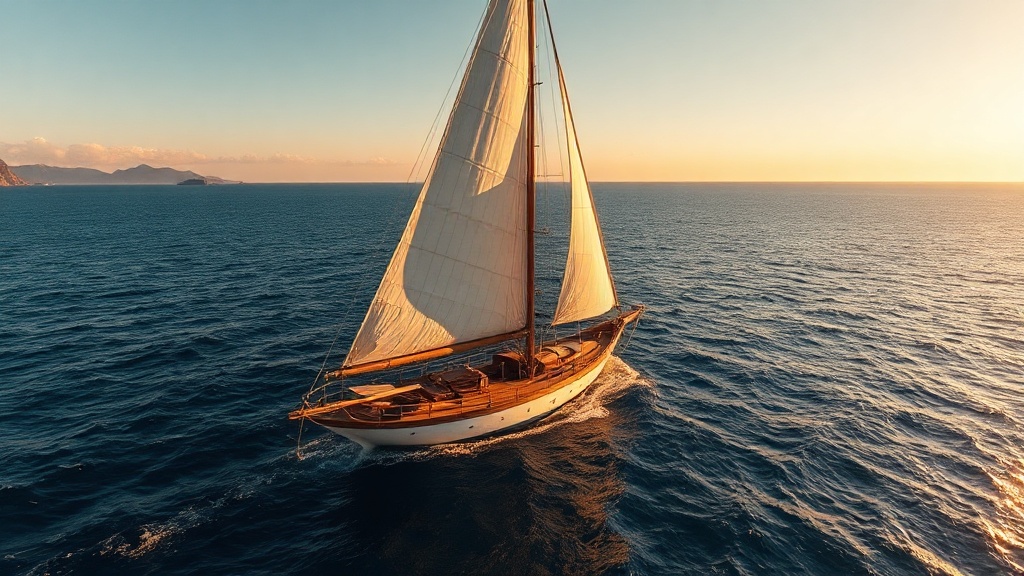 Phinisi schooner under sail crossing open sea between Sumbawa and Flores at golden hour